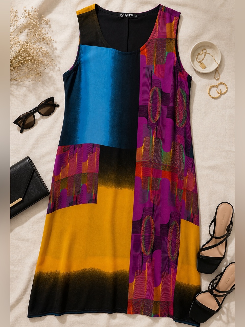 Topshop Abstract Colorblock Sheer Midi Dress XXL Artsy Oversized EUC BOHO PLUS